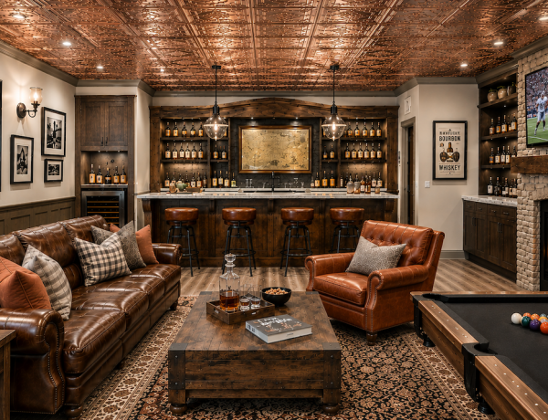 Traditional-Man-Cave-with-Copper-Ceiling-Tiles-and-Stone-Fireplace--1